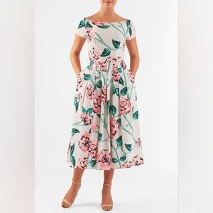 eShakti White Dress with Pink Floral & Green Leaf Print